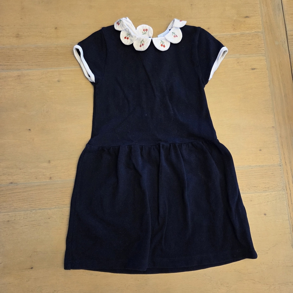Bella BlissNavy Blue Kids Dress with Petal Collar With Embroidered Cherries